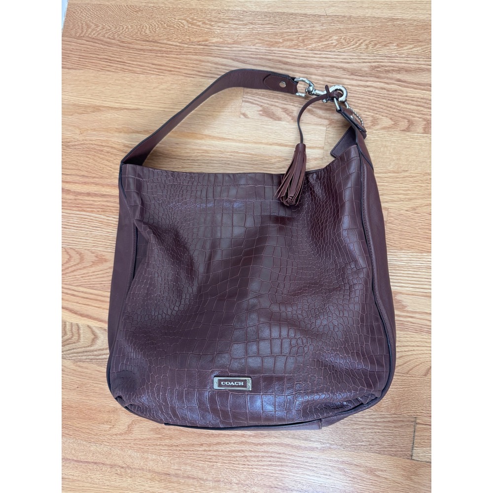 Coach F26122 Brown Croc Embossed Leather Hobo Shoulder Bag Tassel EUC - Picture 1 of 16